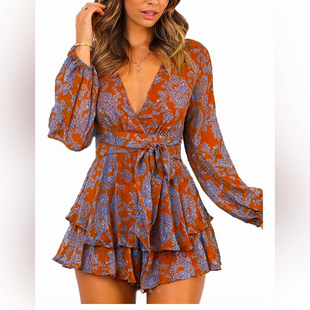 Romper Floral Print V Neck Baggy Sleeve Waist Tie Layered Ruffle Hem